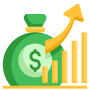 A green money bag with a dollar symbol is next to a rising bar graph with an upward arrow, indicating financial growth or profit increase.