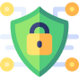 An illustration of a yellow shield with a lock in the center, surrounded by circuit-like lines and small circles, symbolizing cybersecurity and data protection. The background is light blue.